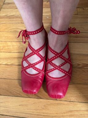 Vintage Miss Sixty Red Crisscross Ankle Tie Ballet Flats